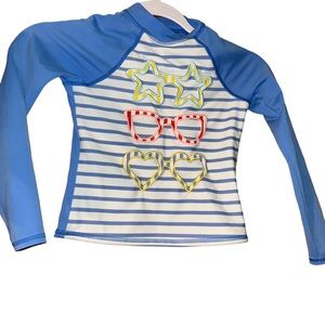 Lands’ end girls blue stripe swim rash guard sunglasses print long sleeve size 5